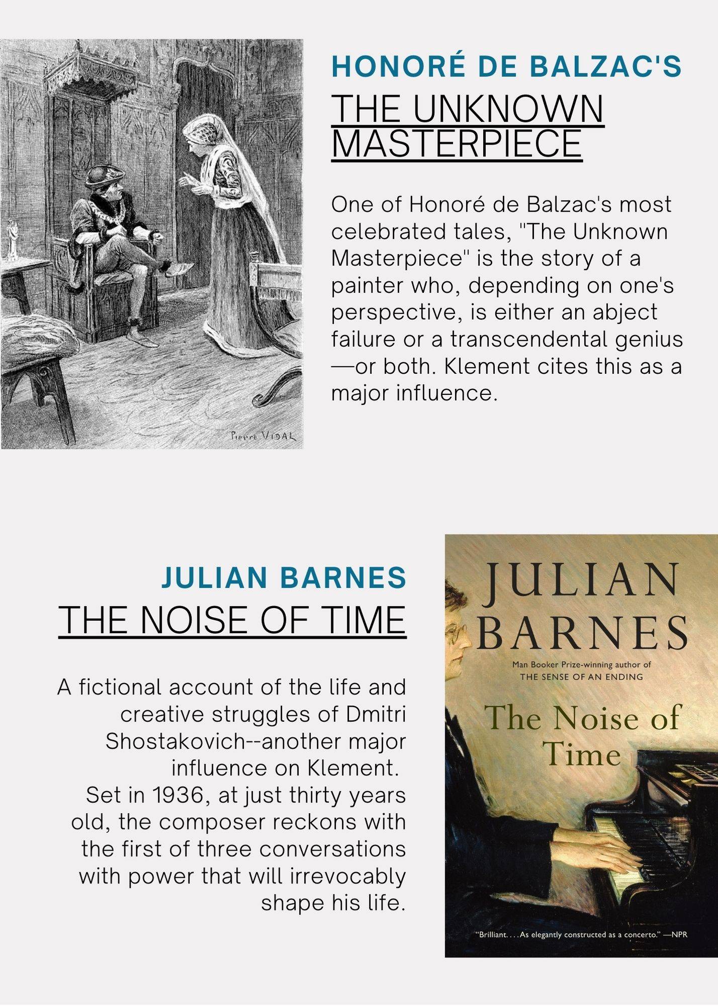 Two book covers with descriptions, Honore de Balzac's The Unknown Masterpiece, and Julian Barnes' The Noise of Time